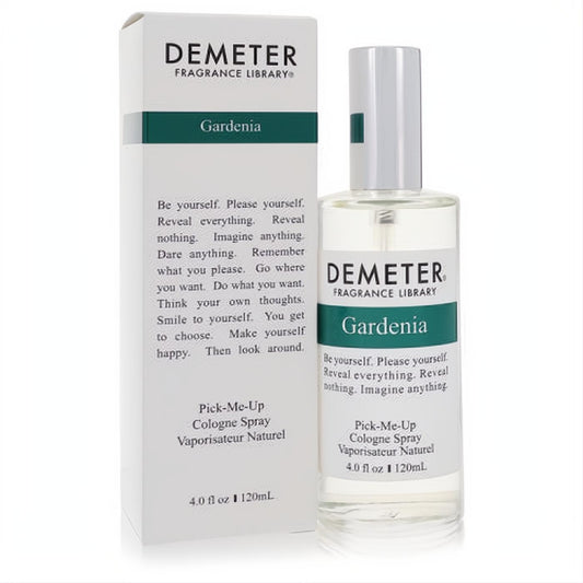 Elegant Demeter Gardenia 4 oz women's cologne spray. Clear glass bottle with white and teal label, silver cap, next to matching box.
