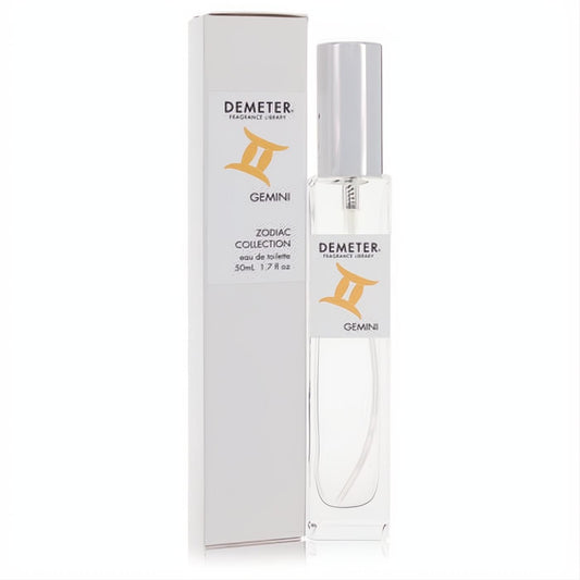 Demeter Gemini 1.7 oz Eau De Toilette spray: sleek clear bottle, silver cap, and white box with orange zodiac symbol.