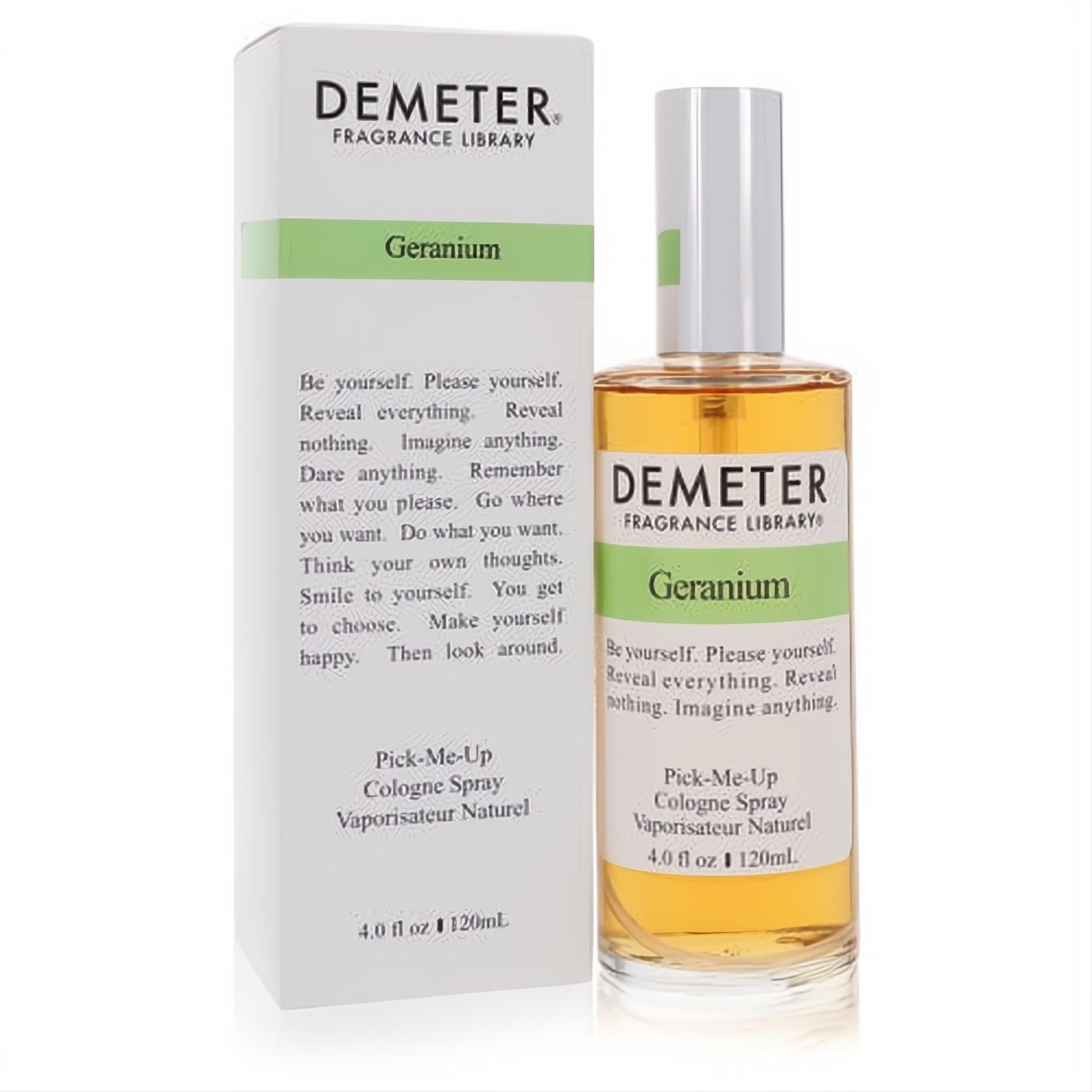Demeter Geranium 4 oz cologne spray: clear glass bottle with warm amber liquid, elegant white box with green branding.