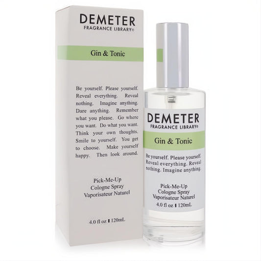 Demeter Gin & Tonic 4 oz cologne spray. Clear glass bottle, silver cap, and stylish white & green box for a crisp scent.