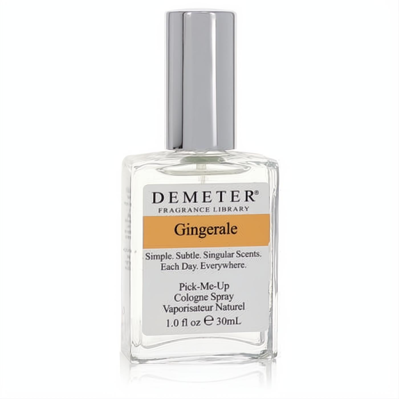 Demeter Gingerale 1 oz cologne spray in a clear glass bottle with a sleek silver cap and bold orange label.