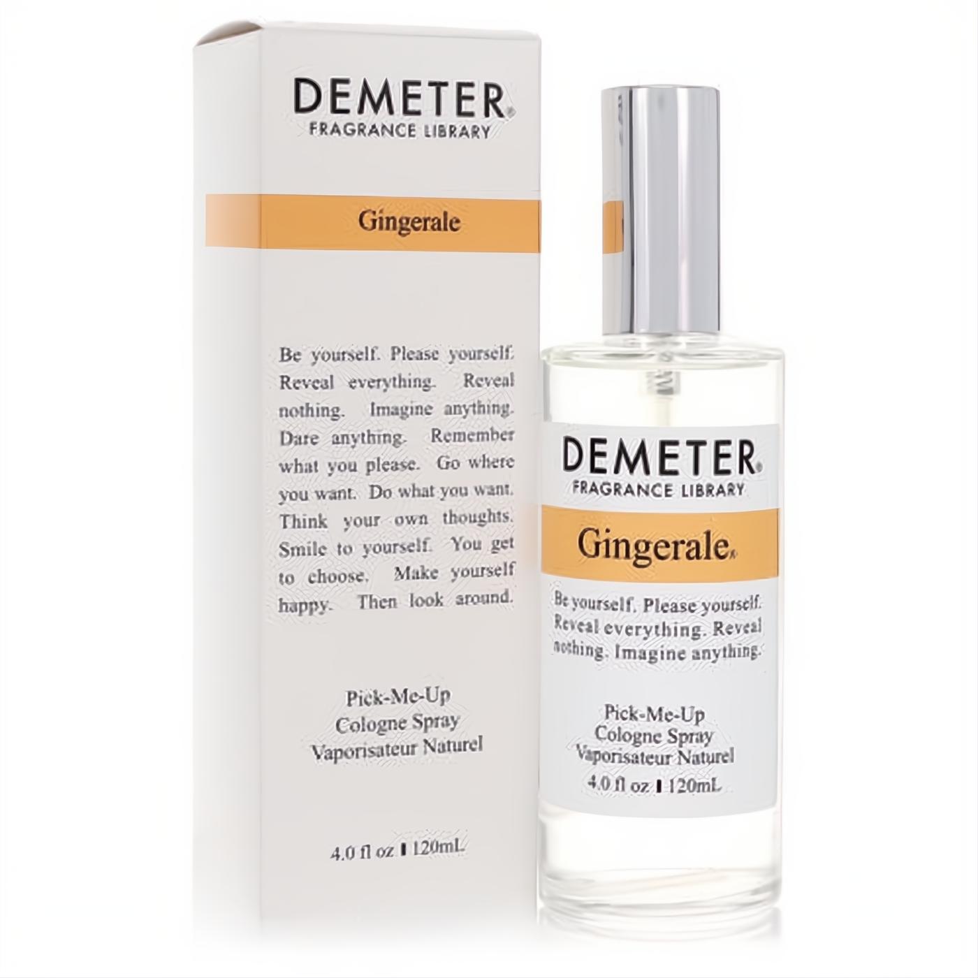 Experience Demeter Gingerale 4 oz cologne spray. Clear glass bottle, silver cap, vibrant orange label, and matching white box.