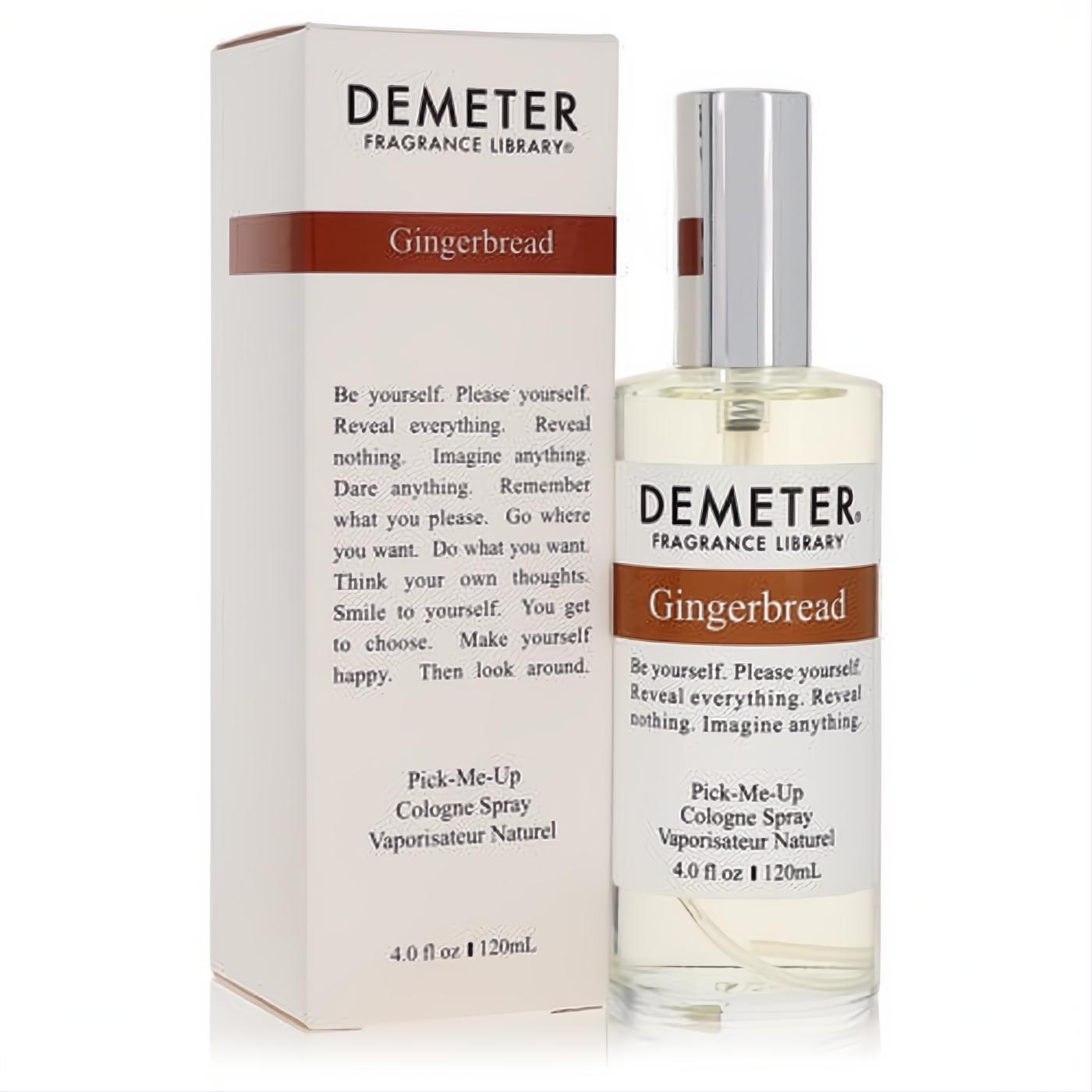 Demeter Gingerbread 4 oz cologne spray in a clear glass bottle with silver cap, alongside its elegant white box. Savor the sweet, spicy fragrance.