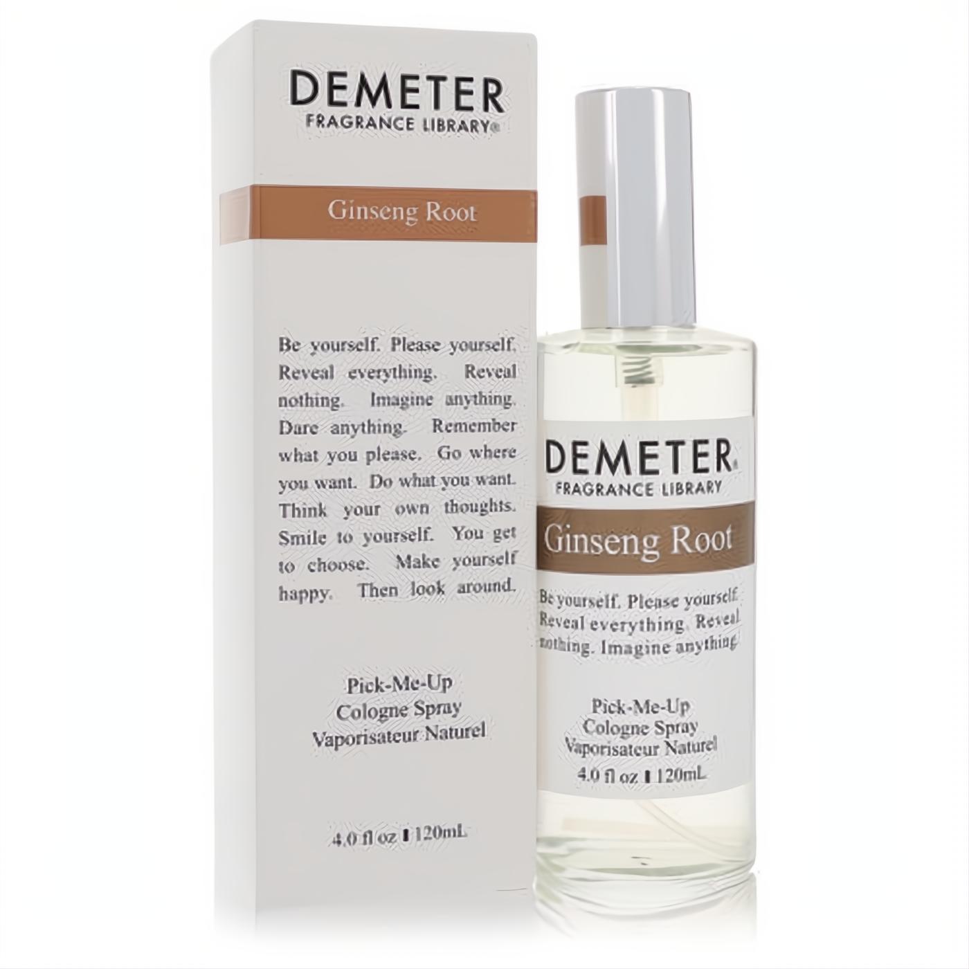 Demeter Ginseng Root 4 oz cologne spray: clear glass bottle, white cap, and sleek white box with brown branding.