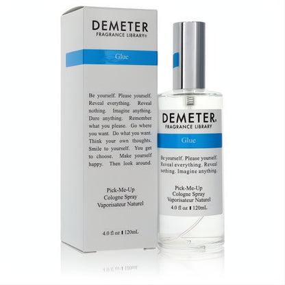 Demeter Glue 4 oz unisex cologne spray. Clear glass bottle, sleek silver cap, and signature white & blue label, with matching box.