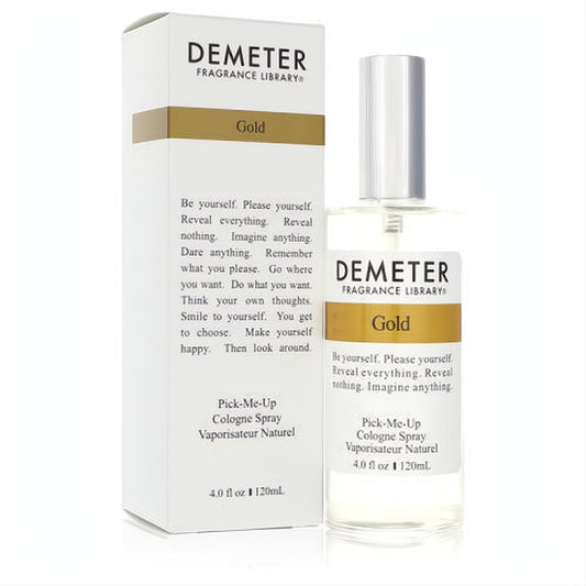 Luxurious Demeter Gold 4 oz unisex cologne spray: clear bottle with gold band, silver cap, and matching white box.