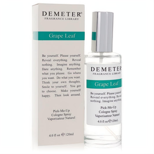 Demeter Grape Leaf 4 oz cologne spray. Clear glass bottle with sleek silver cap and white box, featuring fresh green branding.