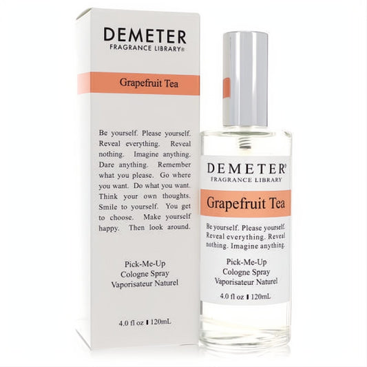 Elegant Demeter Grapefruit Tea 4 oz cologne spray in clear glass with a vibrant orange and white label, beside its matching white box.