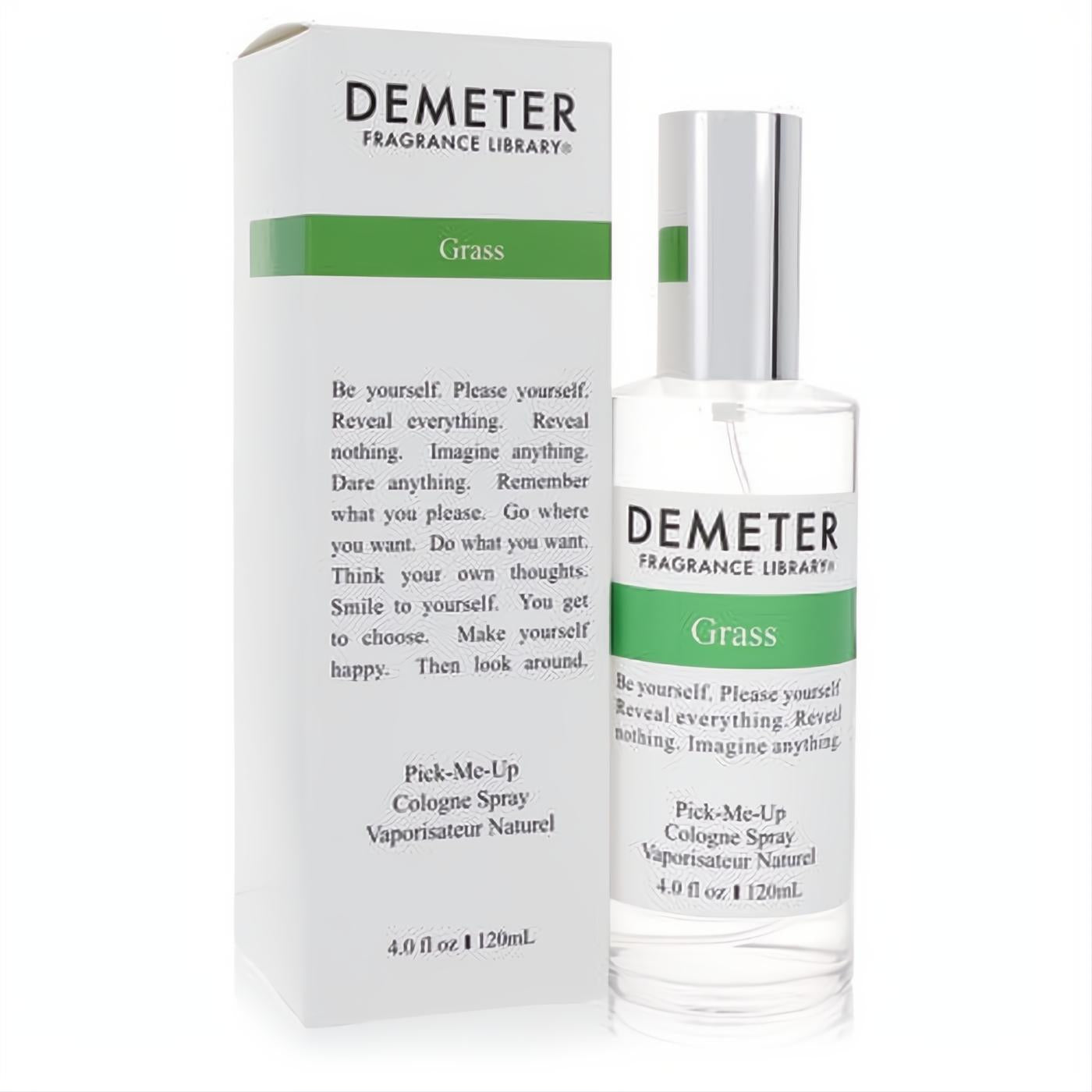 Invigorating Demeter Grass 4 oz cologne spray in a clear glass bottle with a silver cap, next to its crisp white and green box.