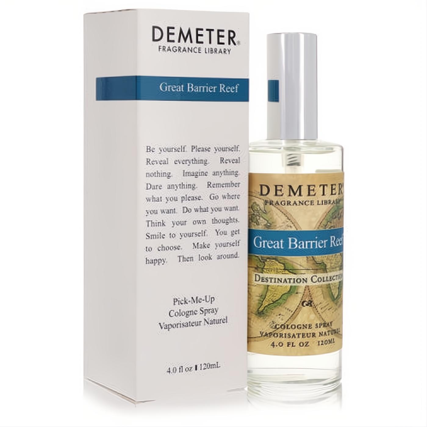 Experience Demeter Great Barrier Reef 4 oz cologne spray. Clear bottle, silver cap, vintage map label, and crisp white box capture the ocean's essence.