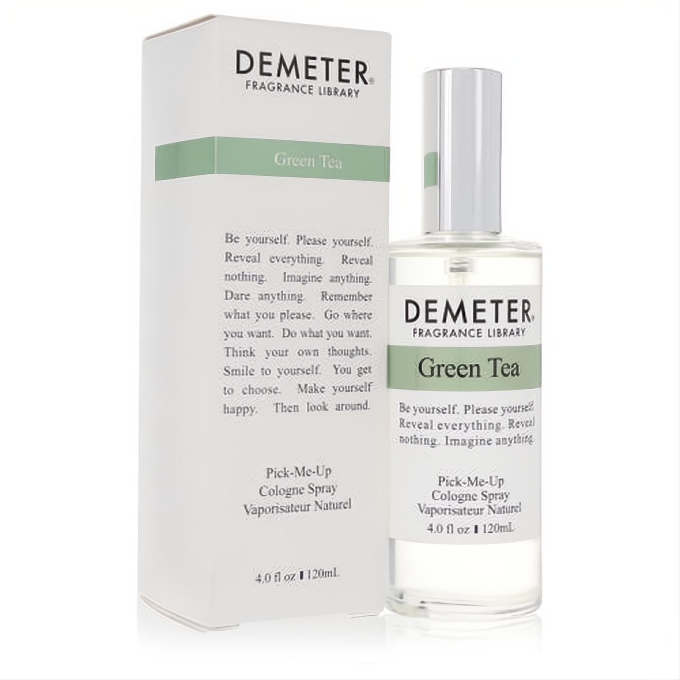 Demeter Green Tea 4 oz women's cologne spray. Clear glass bottle, sleek silver cap, displayed with its crisp white and green box.