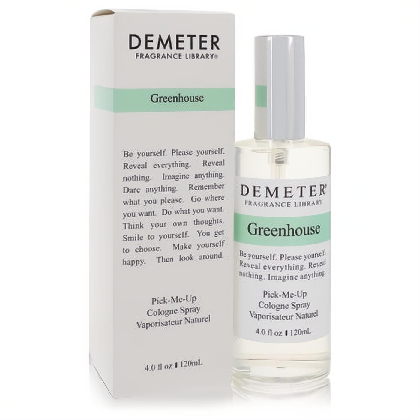 Demeter Greenhouse 4 oz cologne in a sleek clear glass spray bottle with white label, green text, and matching elegant white box.
