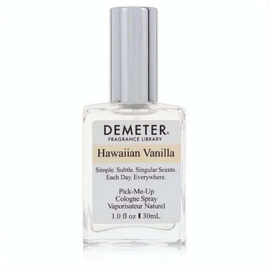 Demeter Hawaiian Vanilla 1 oz cologne spray in a chic clear glass bottle with a sleek silver cap. Simple, subtle, captivating fragrance.