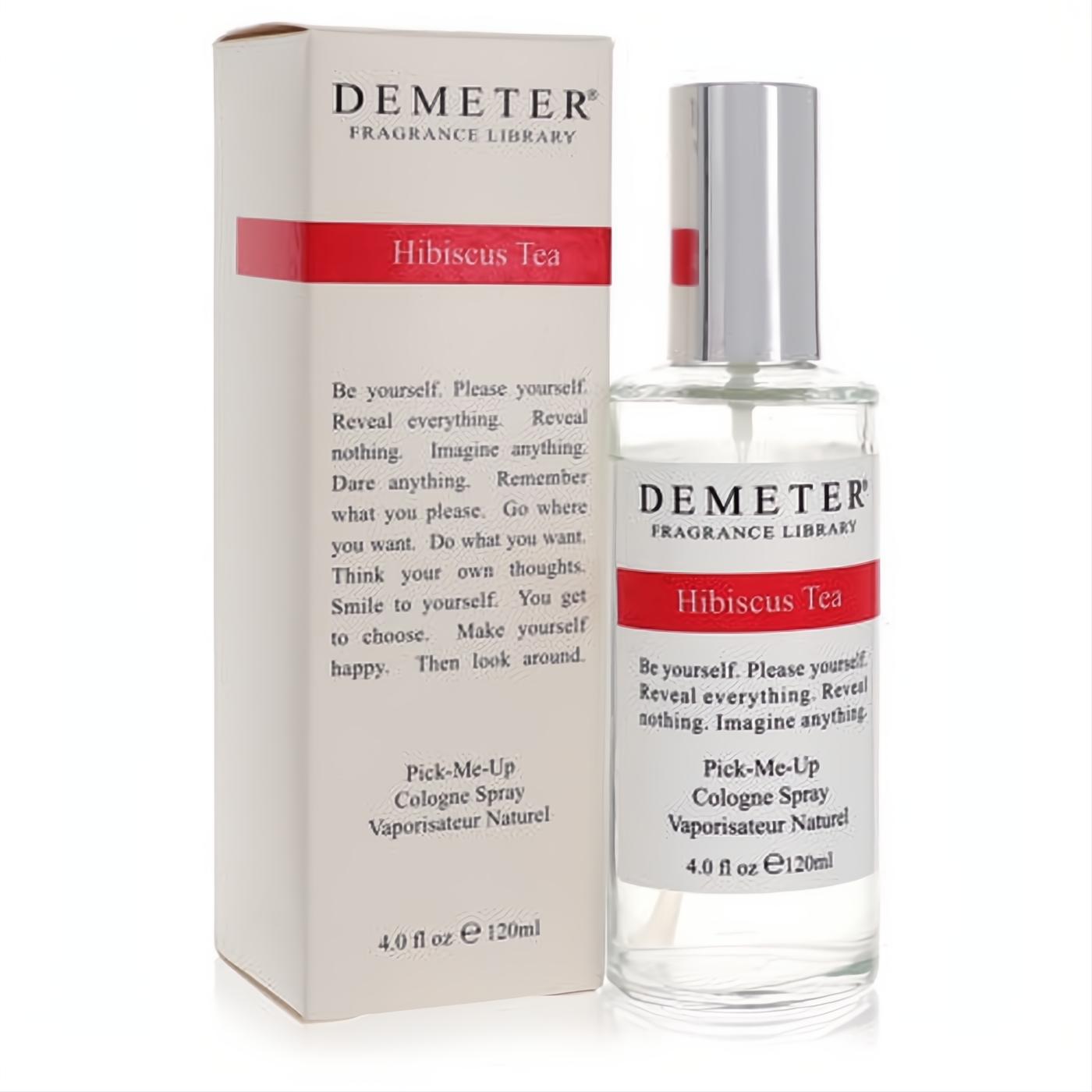 Demeter Hibiscus Tea 4 oz women's cologne spray. Clear glass bottle with silver cap and red label, beside its crisp white box.