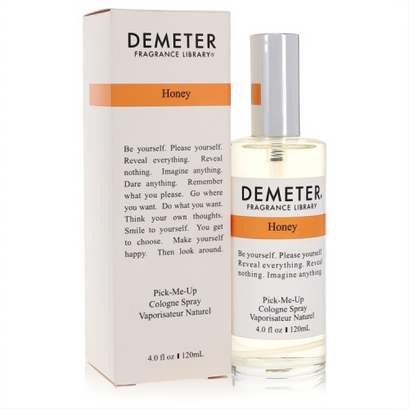 Demeter Honey 4 oz cologne spray: clear glass bottle with silver cap, alongside its elegant white box featuring a warm orange label.