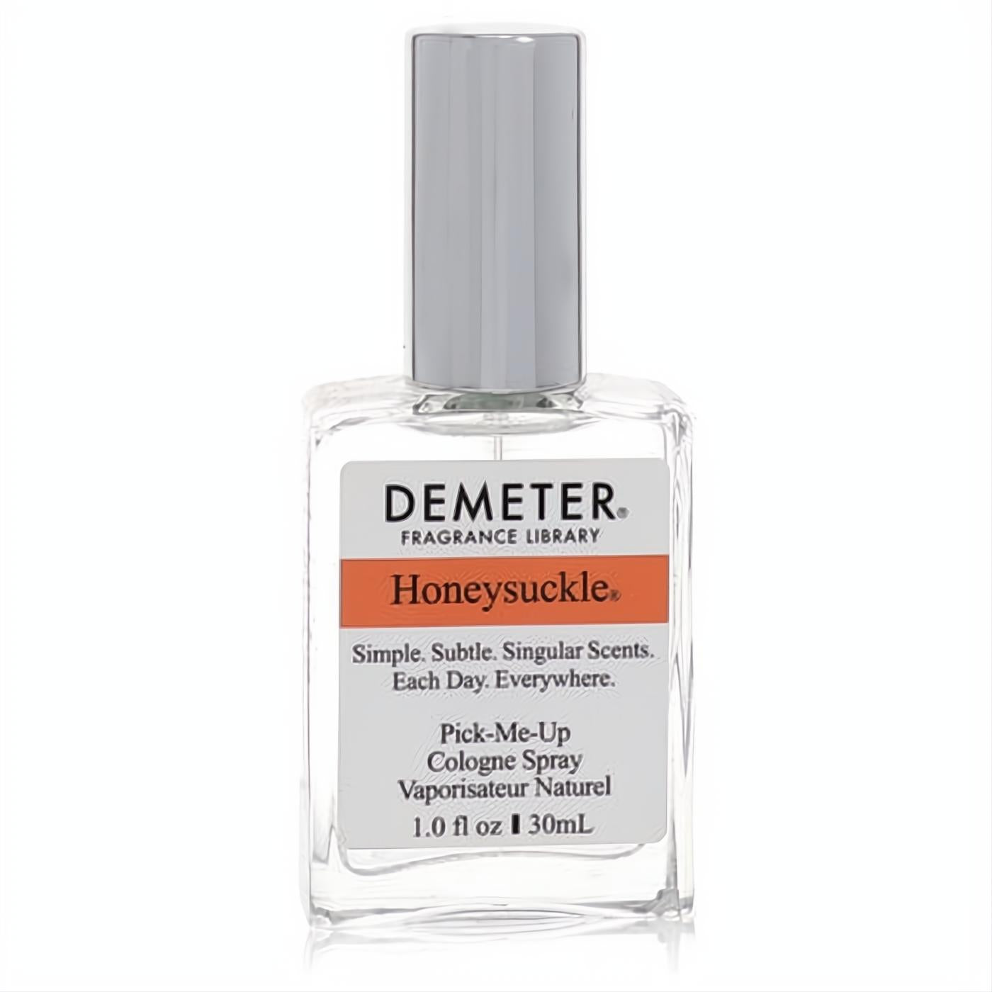 Demeter Honeysuckle 1 oz cologne spray in a clear glass bottle with a sleek silver cap and vibrant orange label.