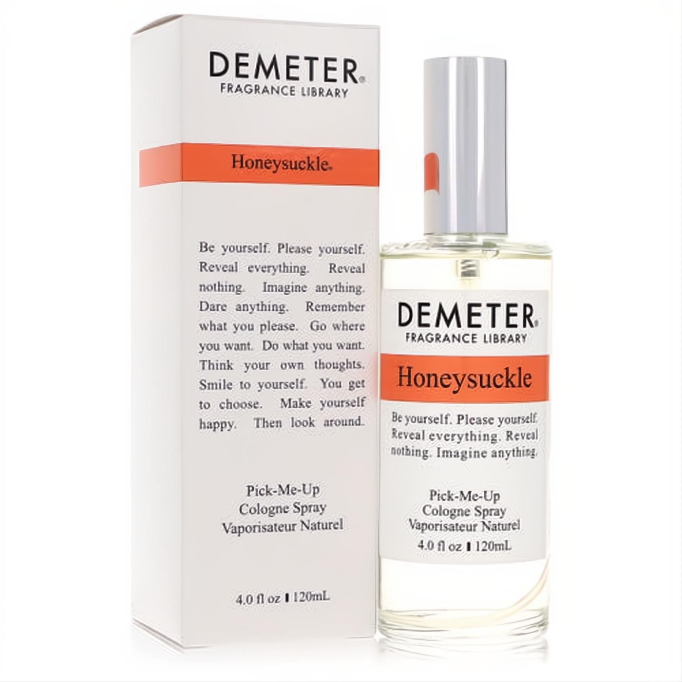 Demeter Honeysuckle 4 oz cologne spray. Sleek clear glass bottle with silver cap and crisp white box featuring bold orange branding.
