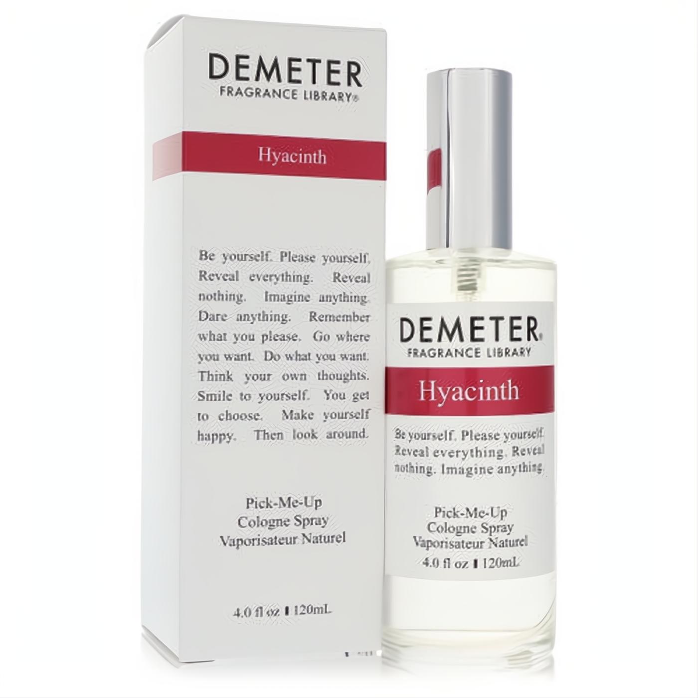 Unisex Demeter Hyacinth 4 oz cologne spray. Clear glass bottle, sleek silver cap, and crisp white label with a vibrant red band.