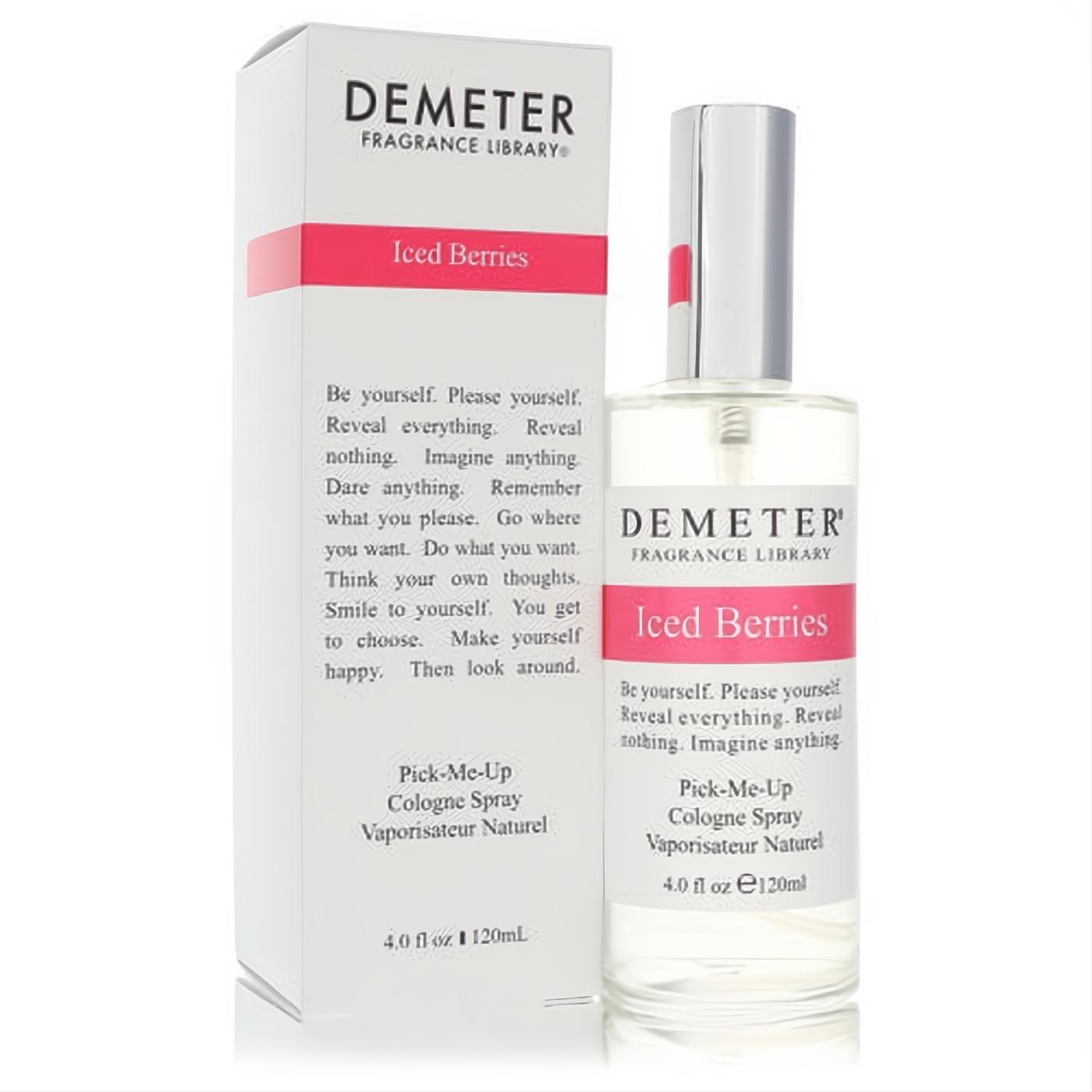 Demeter Iced Berries 4 oz unisex cologne spray: clear glass bottle with silver cap and elegant white box, highlighted by vibrant pink labels.