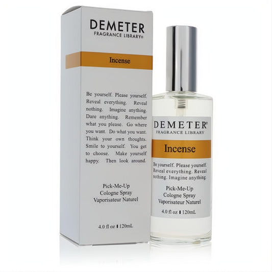 Demeter Incense 4oz unisex cologne spray. Clear glass bottle with sleek silver cap and elegant white box, featuring a warm orange label.