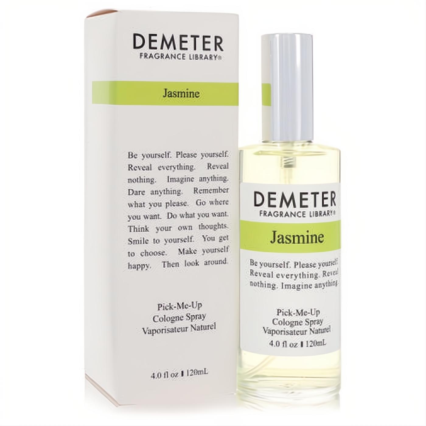 Demeter Jasmine 4 oz cologne spray in a sleek clear glass bottle with silver cap, next to its elegant white box with green accents.