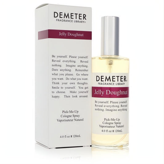 Demeter Jelly Doughnut 4 oz unisex cologne spray. Clear bottle and crisp white box with maroon label, inviting a sweet aroma.