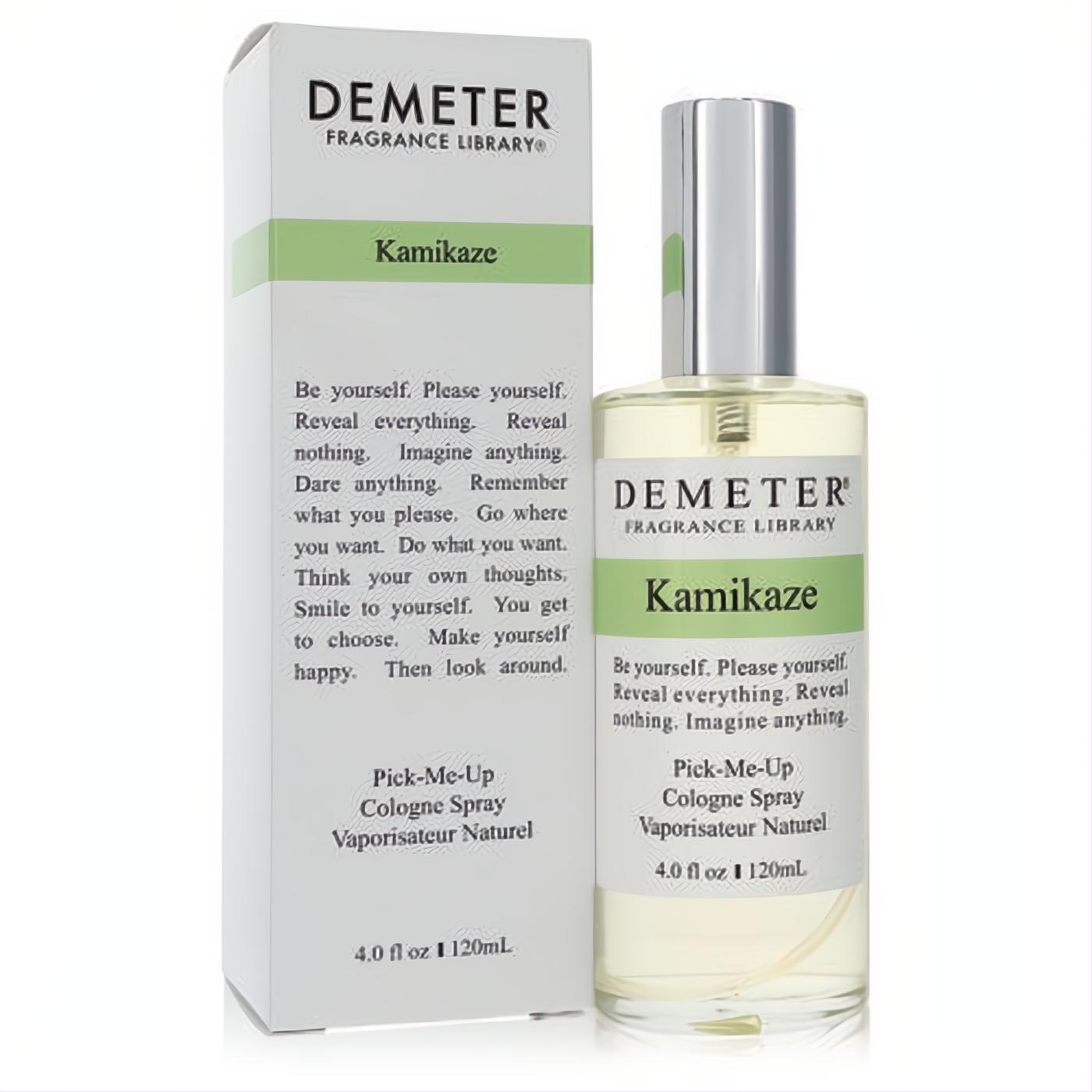 Demeter Kamikaze 4 oz unisex cologne spray: clear glass bottle, sleek silver cap, and matching white-green box.