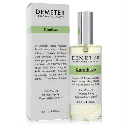 Demeter Kamikaze 4 oz unisex cologne spray: clear glass bottle, sleek silver cap, and matching white-green box.