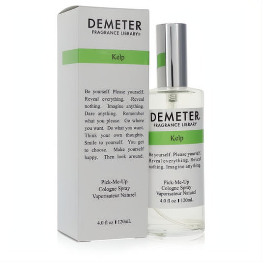 Demeter Kelp 4 oz unisex cologne spray. Clear glass bottle with sleek silver cap, presented in a crisp white box with a vibrant green stripe.