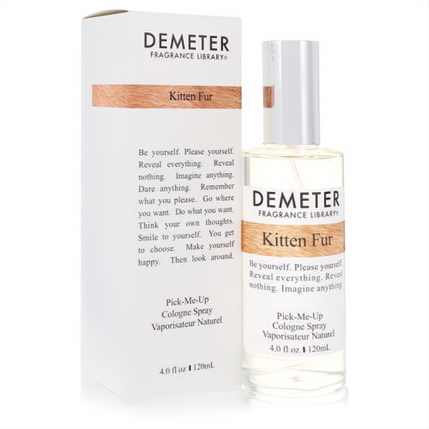Demeter Kitten Fur 4 oz cologne spray: clear glass bottle with silver cap and elegant white box featuring the signature brown fur design.