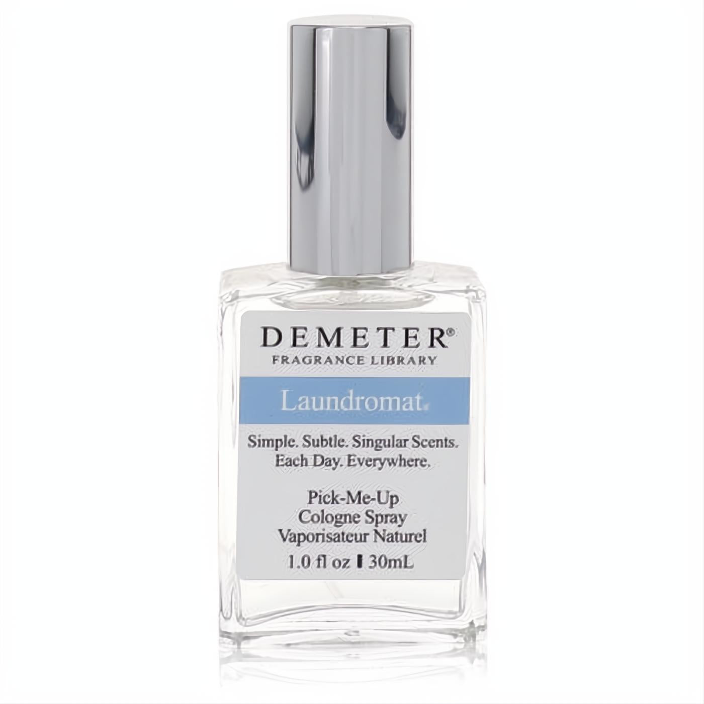 Fresh Demeter Laundromat 1 oz cologne spray. Clear glass bottle with sleek silver cap and blue-accented label.