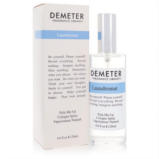Demeter Laundromat 4 oz cologne spray. Elegant clear glass bottle and crisp white box with signature blue branding.