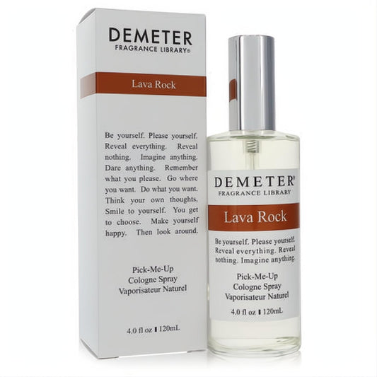Elevate your scent with Demeter Lava Rock 4 oz unisex cologne. Clear glass bottle, sleek silver cap, and elegant white box.