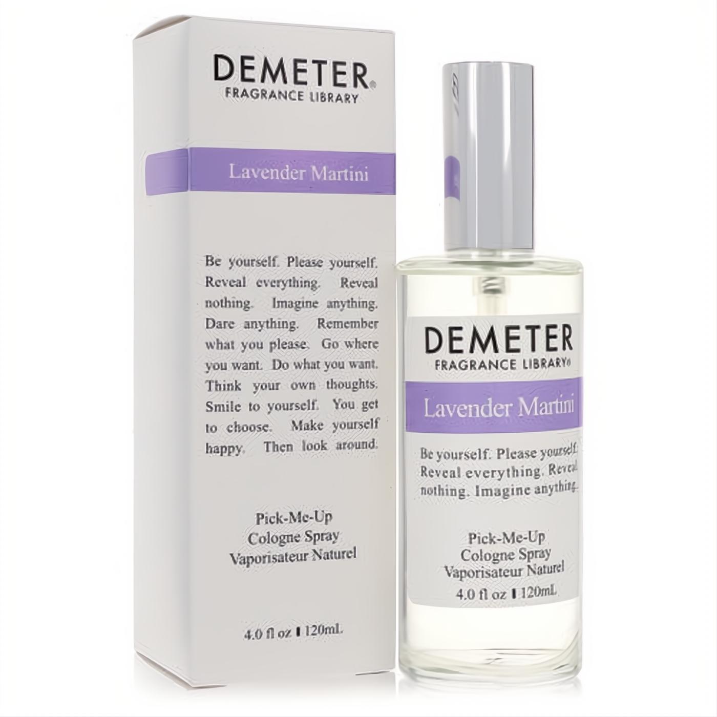 Demeter Lavender Martini 4 oz cologne spray in clear glass bottle with silver cap and elegant white box, featuring a lavender label.