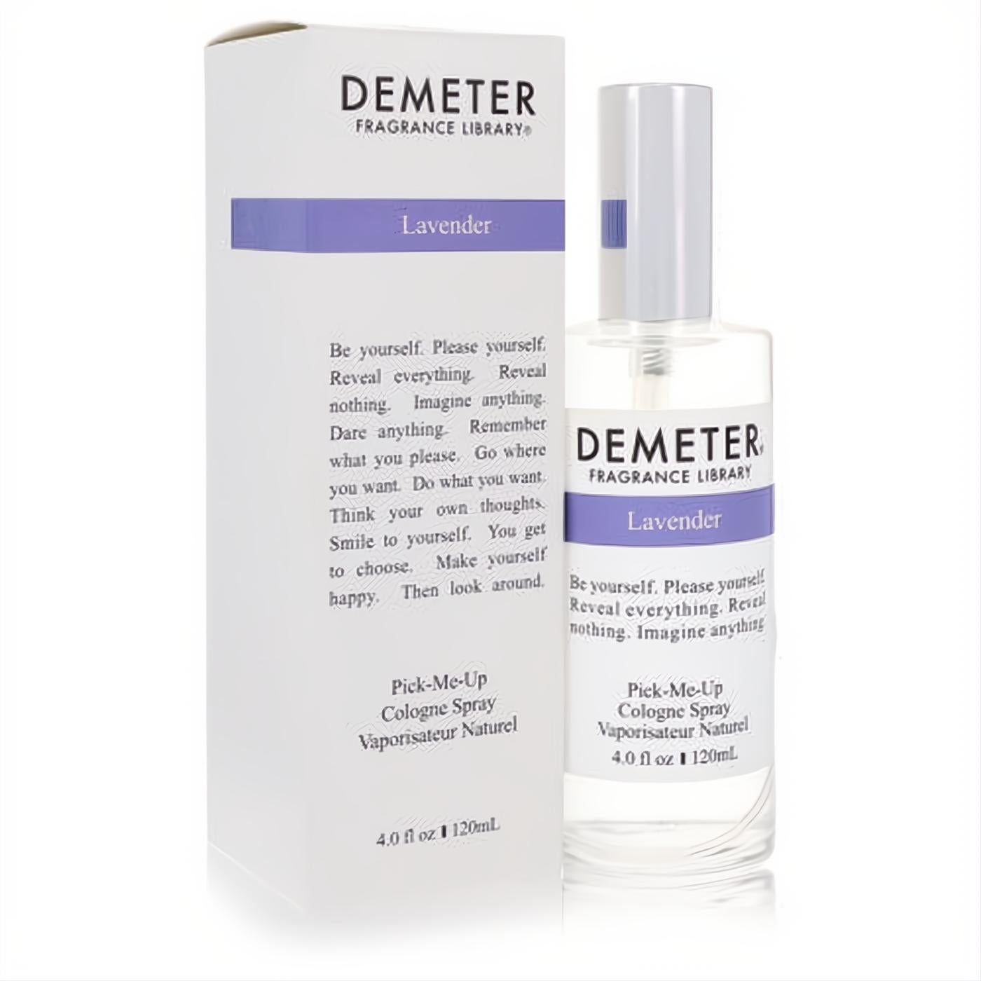 Demeter Lavender 4 oz cologne spray, a captivating floral green fragrance, in a clear glass bottle with a white cap and stylish purple-labeled box.