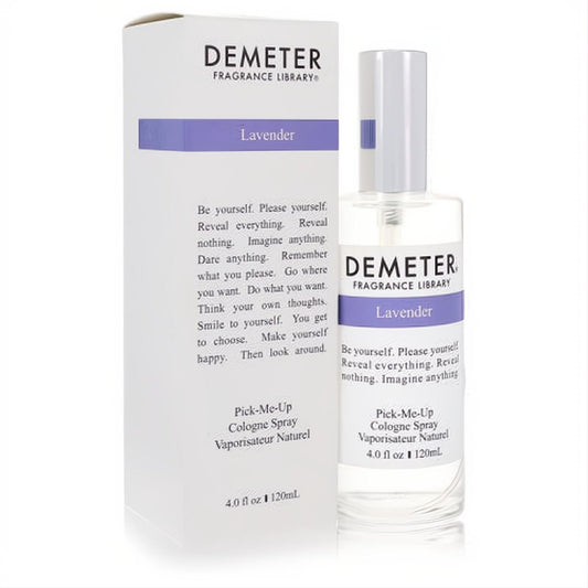 Demeter Lavender 4 oz cologne spray, a captivating floral green fragrance, in a clear glass bottle with a white cap and stylish purple-labeled box.