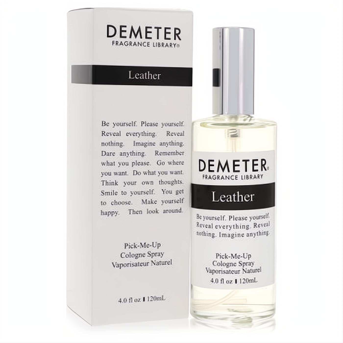 Demeter Leather 4 oz unisex cologne spray. Clear glass bottle, sleek silver cap, and matching white box for a sophisticated fragrance.