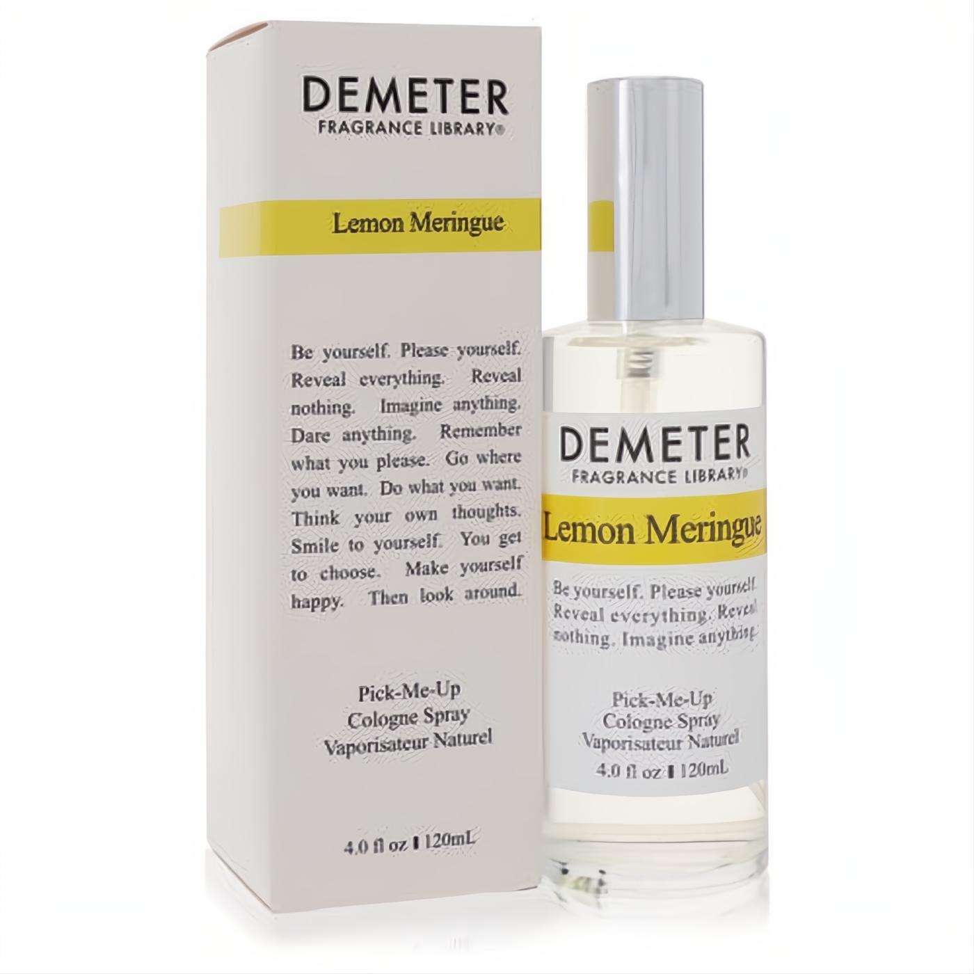 Invigorating Demeter Lemon Meringue 4 oz cologne spray in a sleek clear glass bottle with silver cap and its crisp white box.
