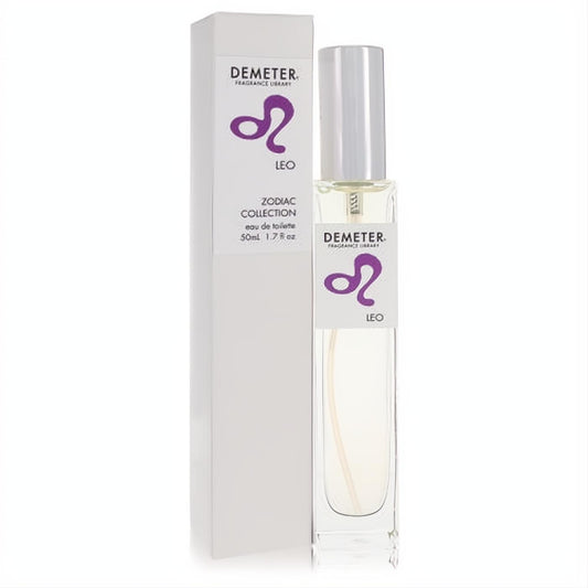 Demeter Leo 1.7 oz Eau De Toilette spray. Clear glass bottle, silver cap, and white box with a bold purple Leo zodiac symbol.