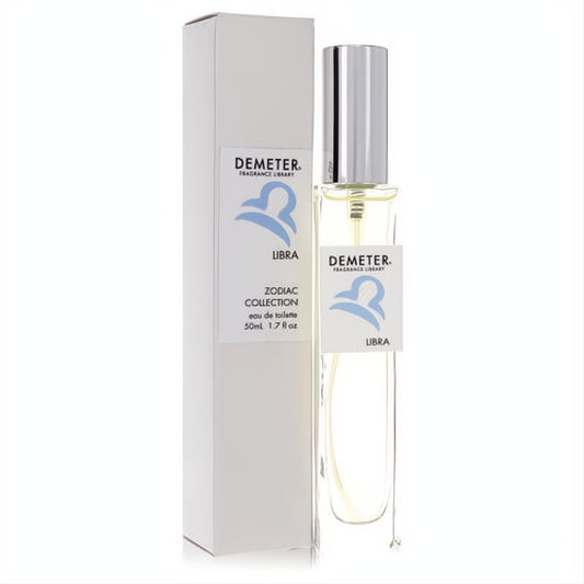 Sophisticated Demeter Libra 1.7 oz women's EDT spray. Clear glass bottle, silver cap, and white box with blue zodiac symbol.