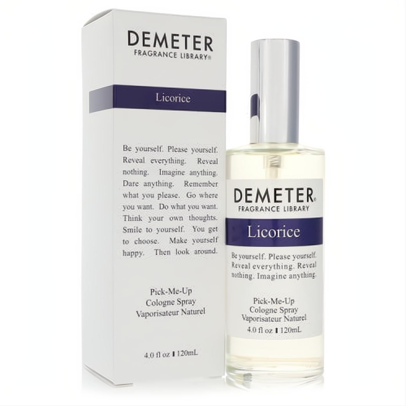 Iconic Demeter Licorice 4 oz unisex cologne spray in a clear glass bottle with silver cap, beside its elegant white and purple box.