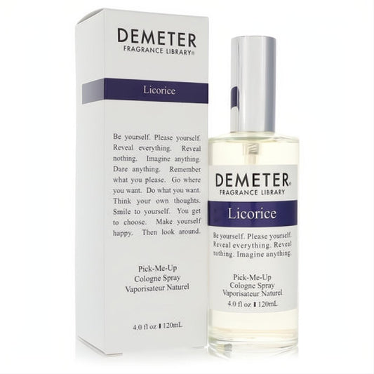 Iconic Demeter Licorice 4 oz unisex cologne spray in a clear glass bottle with silver cap, beside its elegant white and purple box.