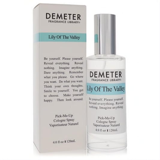 Demeter Lily of The Valley 4 oz cologne spray. Clear glass bottle, sleek silver cap, light blue label, and crisp white box.