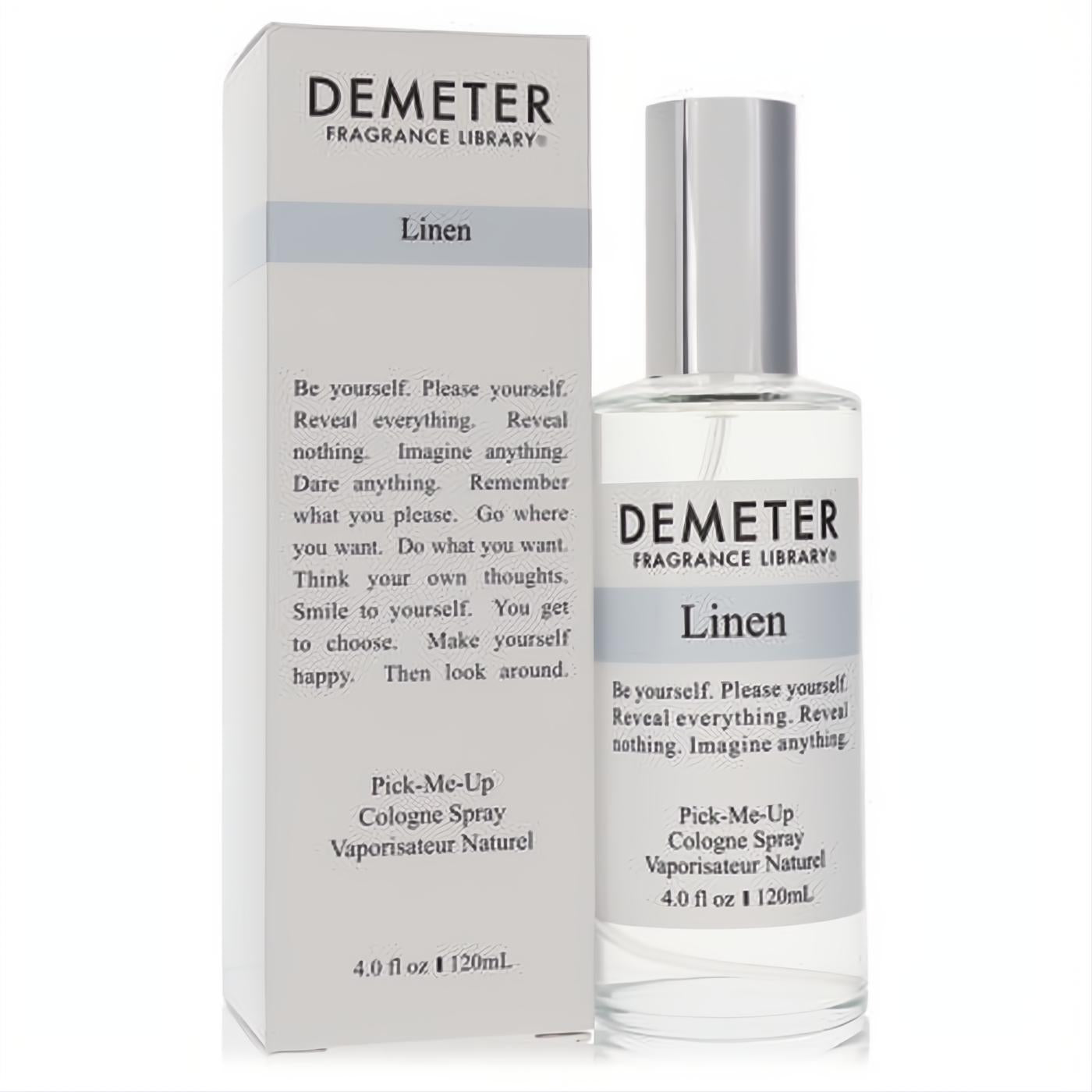Demeter Linen 4 oz cologne spray: clear glass bottle with sleek silver cap and elegant white box, ready to refresh your senses.