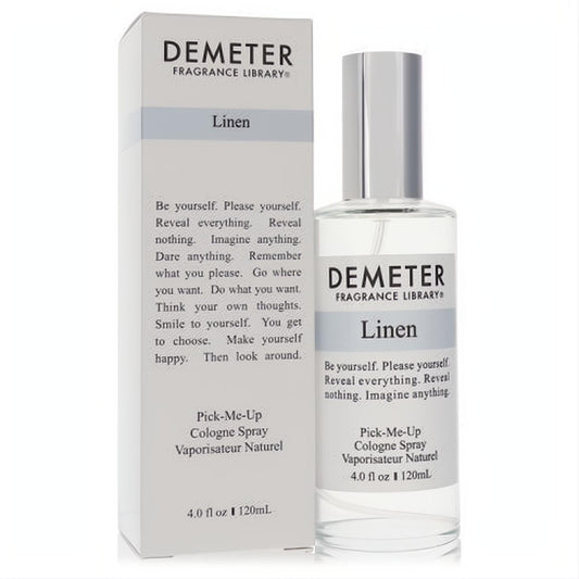 Demeter Linen 4 oz cologne spray: clear glass bottle with sleek silver cap and elegant white box, ready to refresh your senses.