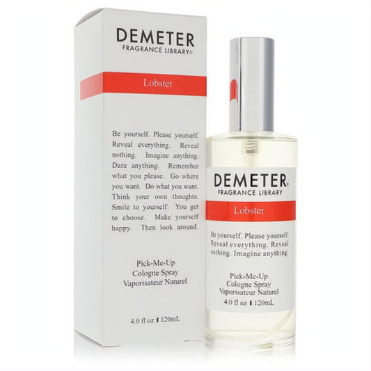 Demeter Lobster 4 oz cologne spray: clear glass bottle with sleek silver cap and matching white box, both featuring a bold red 'Lobster' label.
