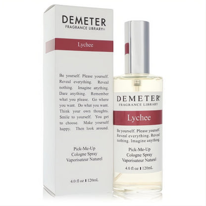 Demeter Lychee 4 oz cologne spray: clear glass bottle with silver cap, elegant white box with red label. Embrace exotic sweetness.