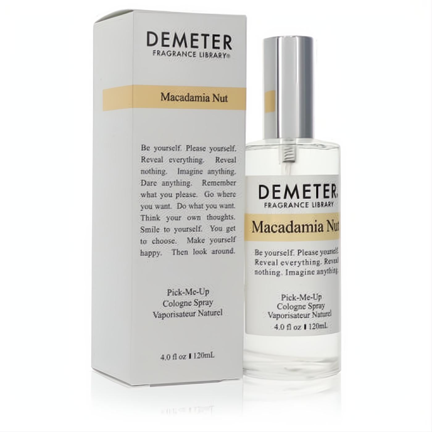 Demeter Macadamia Nut 4 oz cologne. Clear glass spray bottle with sleek silver cap, beige label, and crisp white box.