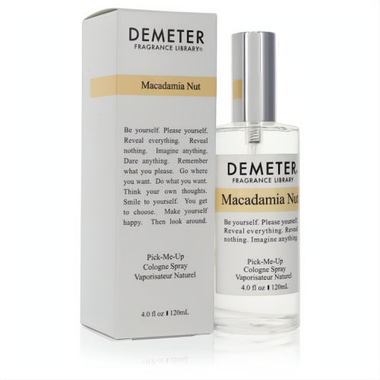 Demeter Macadamia Nut 4 oz cologne. Clear glass spray bottle with sleek silver cap, beige label, and crisp white box.