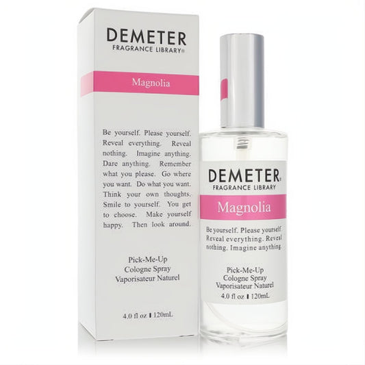 Discover Demeter Magnolia 4 oz cologne spray. Clear bottle with silver cap, elegant pink and white label, beside its matching box.